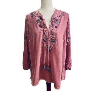 Soft Surroundings Embroidered Luminaria Tunic Beaded Tasseled Velvet Mauve Pink